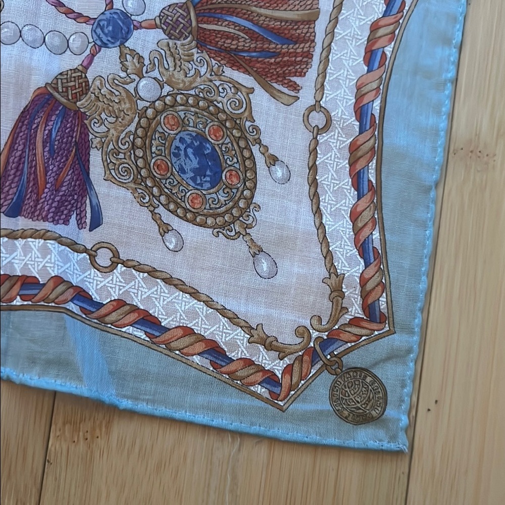 Celine Blue and Gold Silk Scarf 18”x18” - Picture 5 of 8